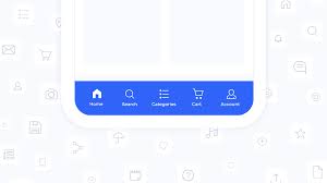 منو سایت در پایین صفحه موبایل به‌صورت شناور به رنگ آبی و آیکن‌های سفید - The site menu at the bottom of the mobile screen is floating in blue color and white icons
